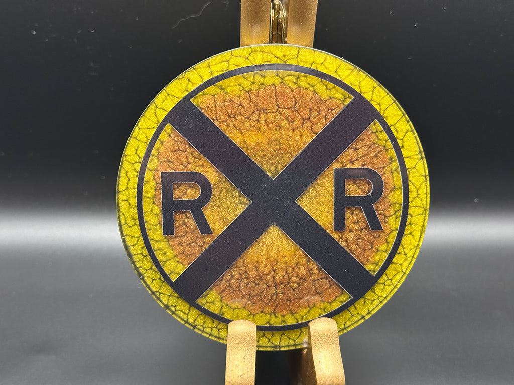 RR Warning Coaster, Gold & Rust Crackle - 4"