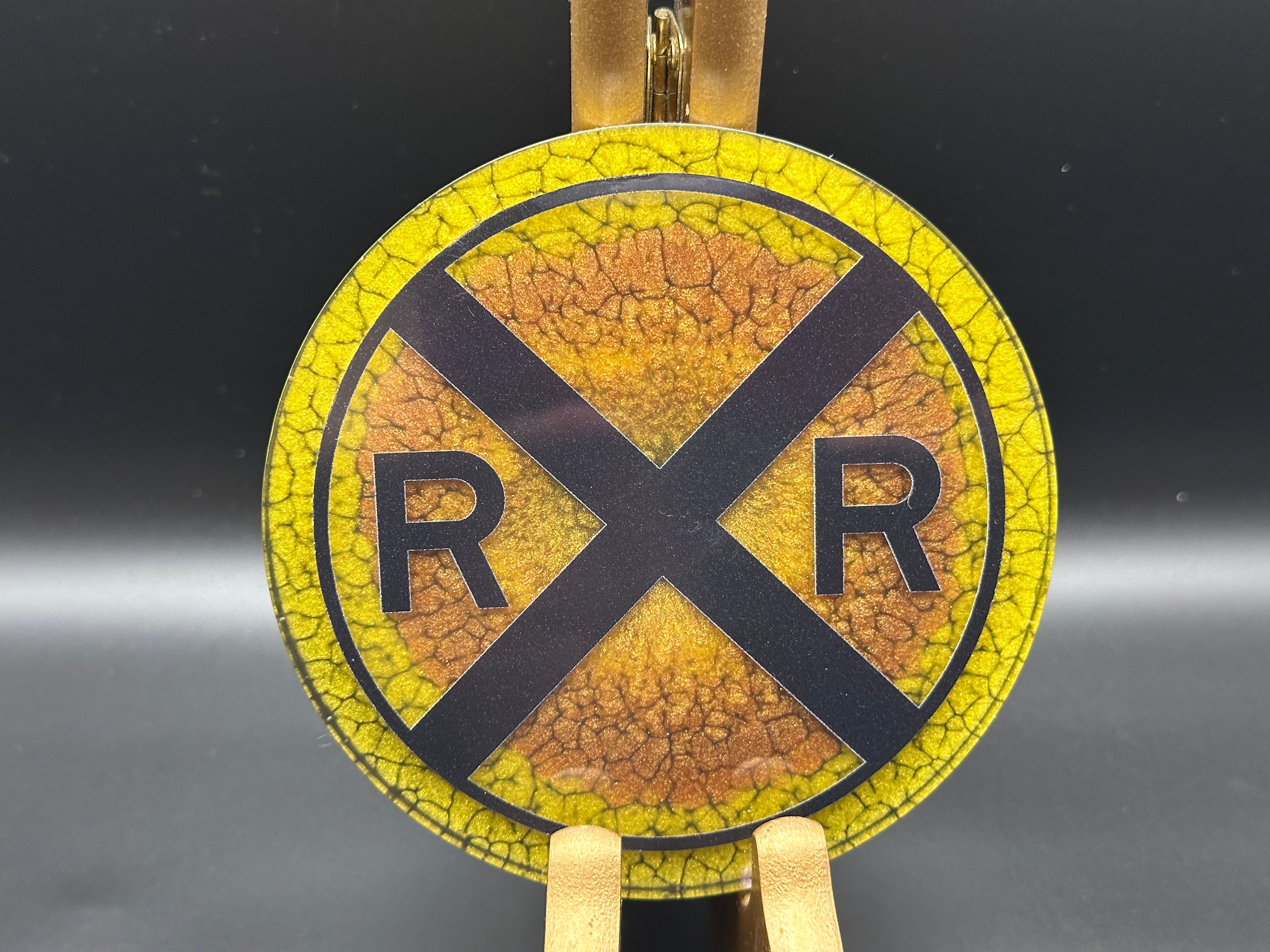 RR Warning Coaster, Gold & Rust Crackle - 4"